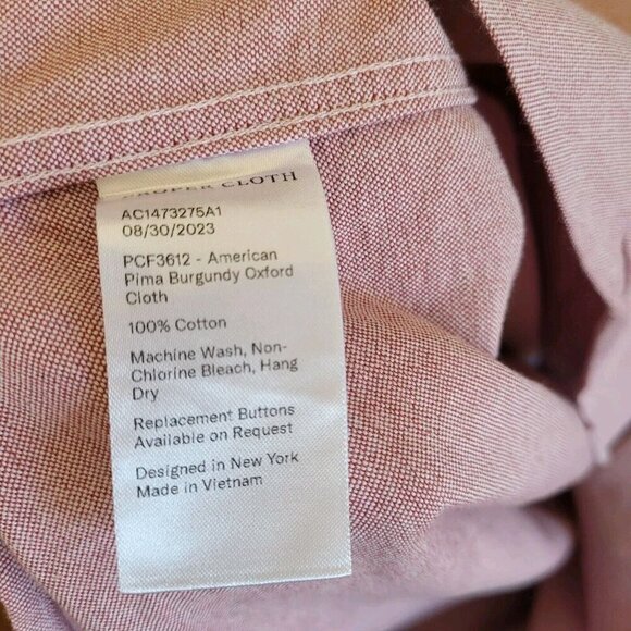 PROPER CLOTH Mens American Pima Burgundy Oxford Cloth Dress Shirt 20 x 36.5 - Picture 4 of 7